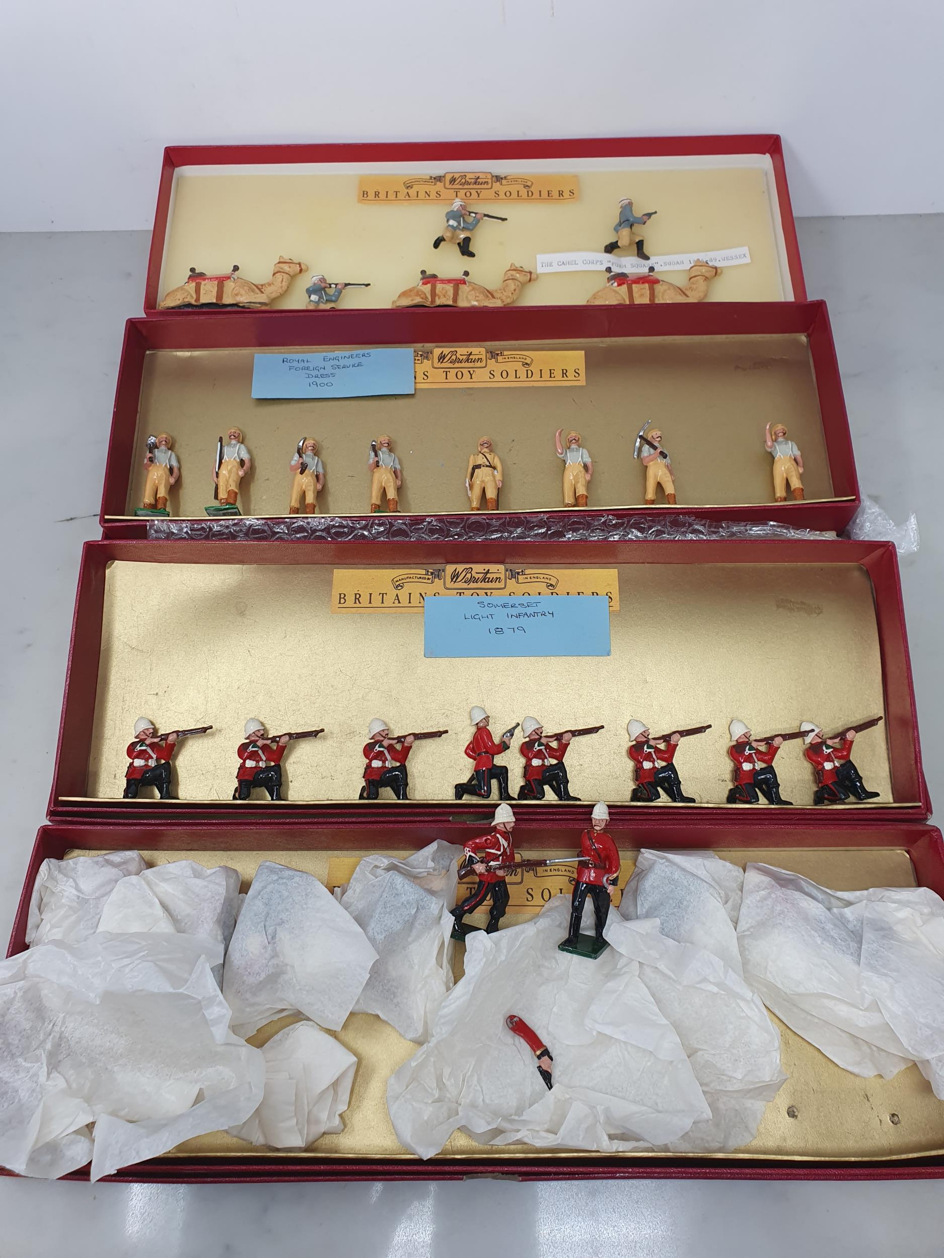 Four sets of Britains Soldiers in reproduction boxes including South Wales Borderers, Royal