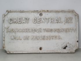 A cast iron Great Central Railway 'Trespassers on this property will be prosecuted' Sign 21in W x
