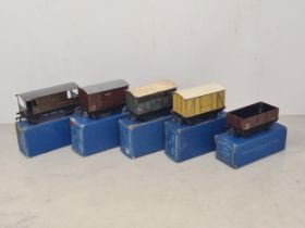 Five boxed Hornby Dublo 3-rail Wagons including D1 S.R. Meat Van, G.W. Cattle Truck, L.M.S. Meat