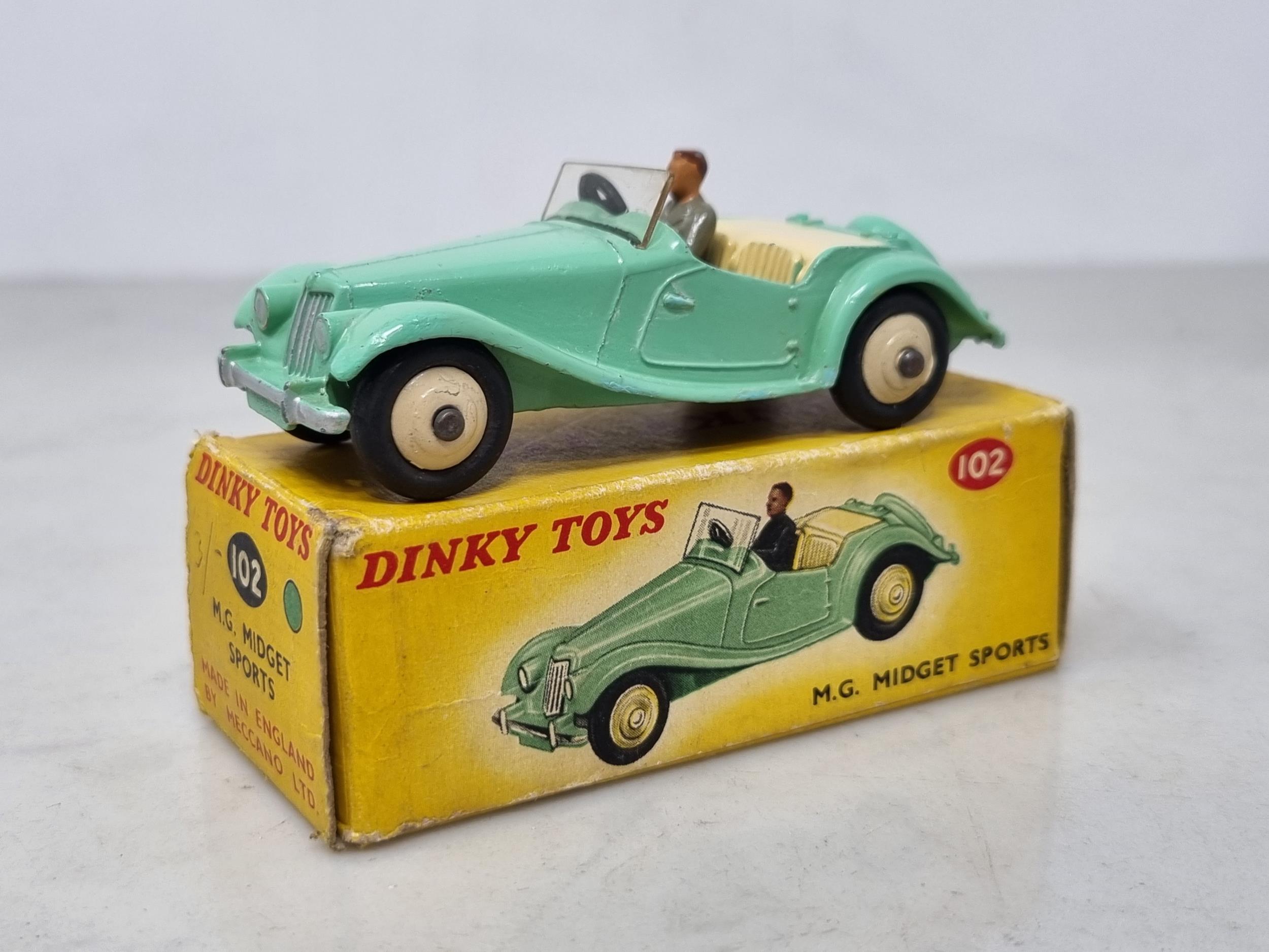 A boxed Dinky Toys No.102 green MG Midget, Nr M-M, box Ex