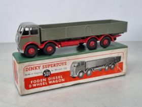 A boxed Dinky Supertoys No.501 grey with red chassis 1st type Foden 8-wheel Wagon, Nr M-M, box Ex