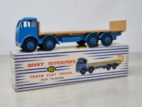 A rare boxed Dinky Toys No.903 blue and cream Foden Flat Truck with tailboard, Nr M-M, box Ex with