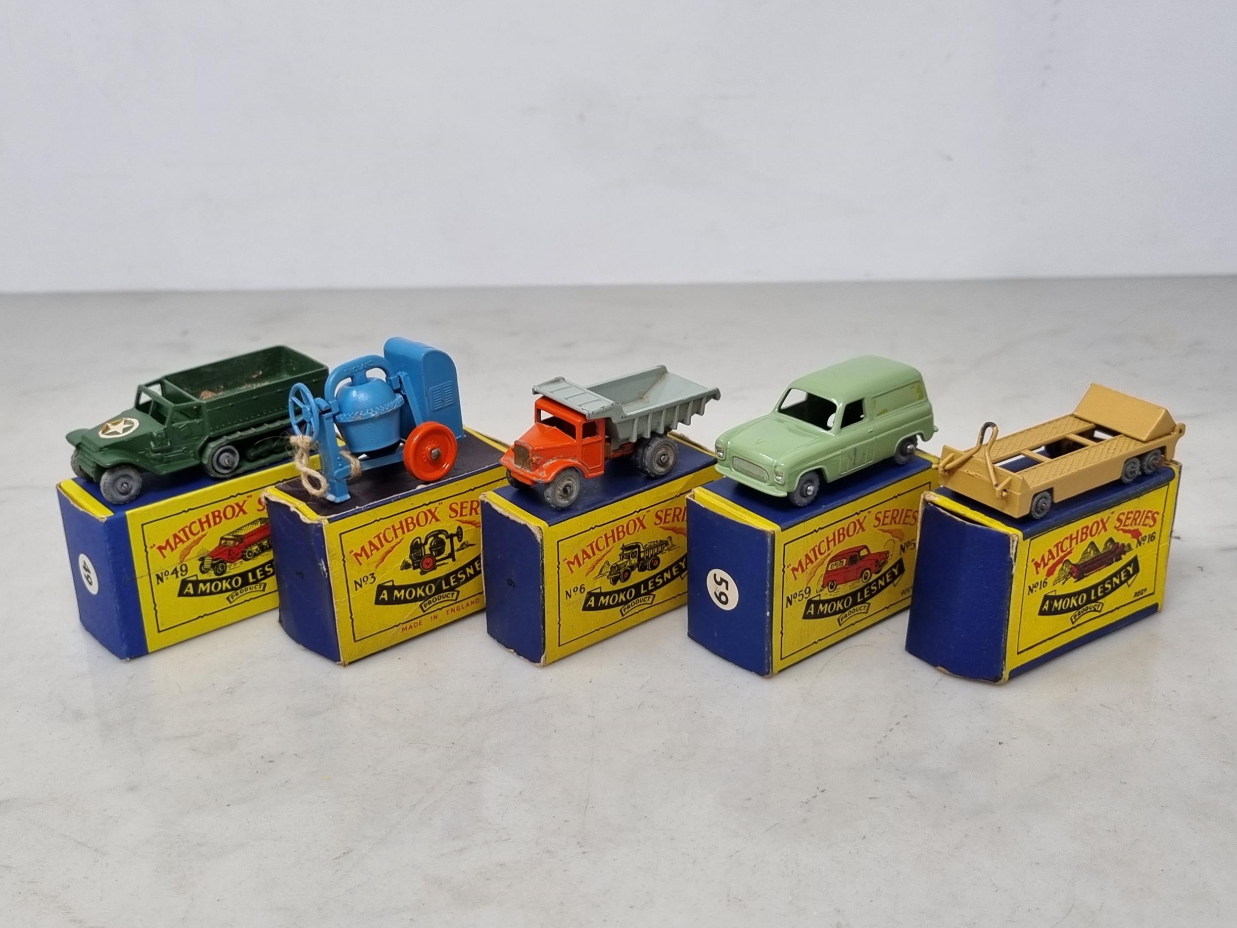 Five boxed Lesney Matchbox Models including No.6 Tipper Lorry, No.3 Cement Mixer, No.16 Trailer,
