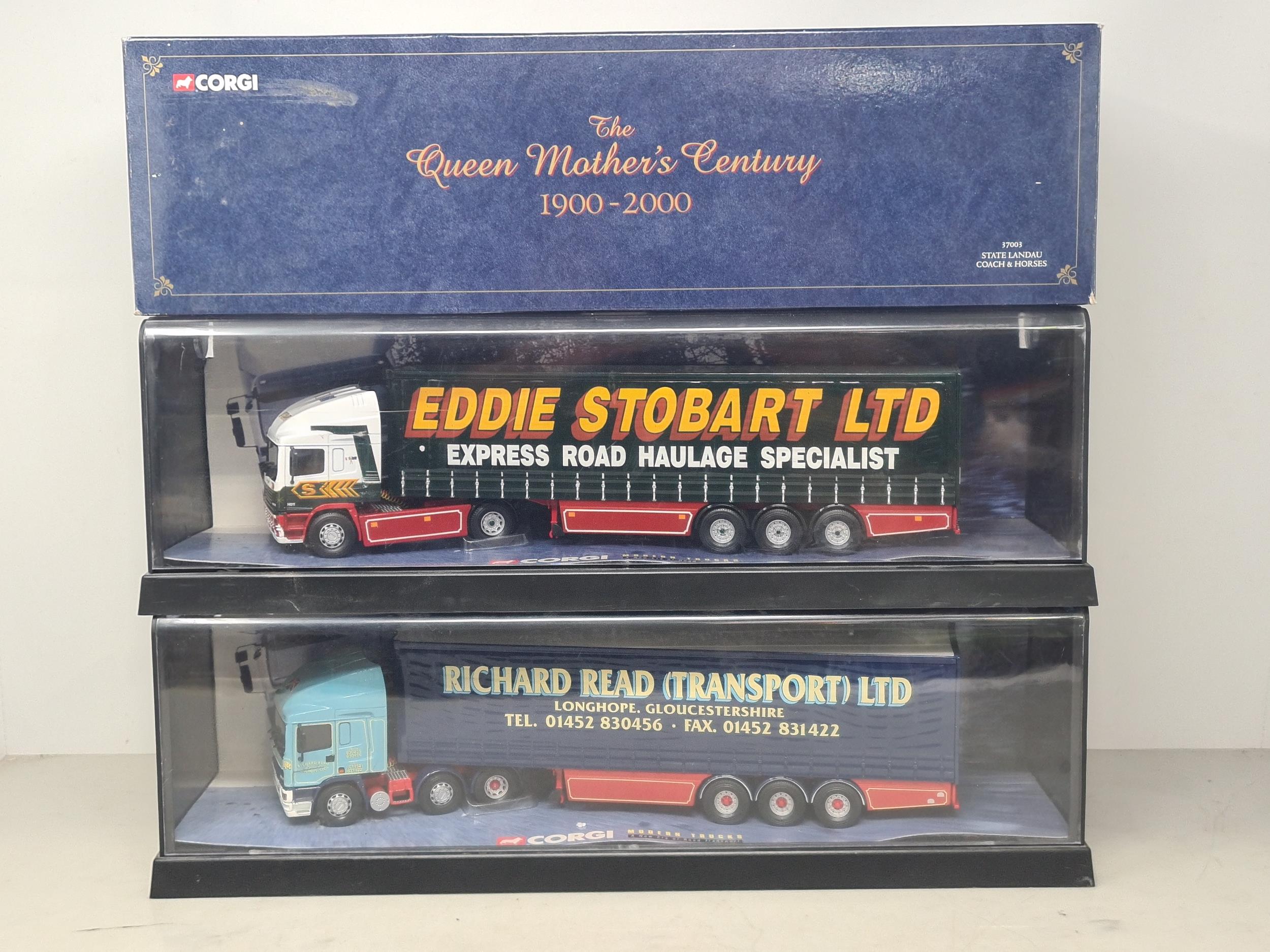 A boxed Corgi The Queen Mother's Centenary State Landau Coach & Horse and two perspex boxed Corgi