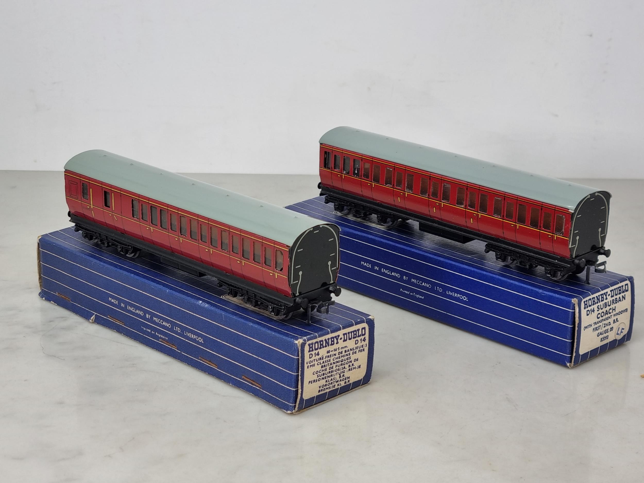 Two boxed Hornby Dublo D14 Suburban Coaches, 1/2nd and brake/3rd in mint condition, exceptionally