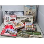 Nine boxed plastic Kits including Airfix 'Mayflower', Tamiya British S.A.S. Jeep, ARV M-10 Tank