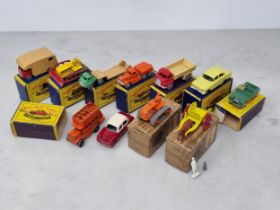 Seven boxed Lesney Matchbox Models including No.12 Land Rover (box flap missing), No.40 Lorry, No.18