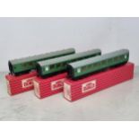 A rake of three boxed Hornby Dublo S.R. Corridor Coaches, unused and in mint condition. Comprising