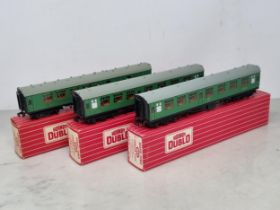 A rake of three boxed Hornby Dublo S.R. Corridor Coaches, unused and in mint condition. Comprising