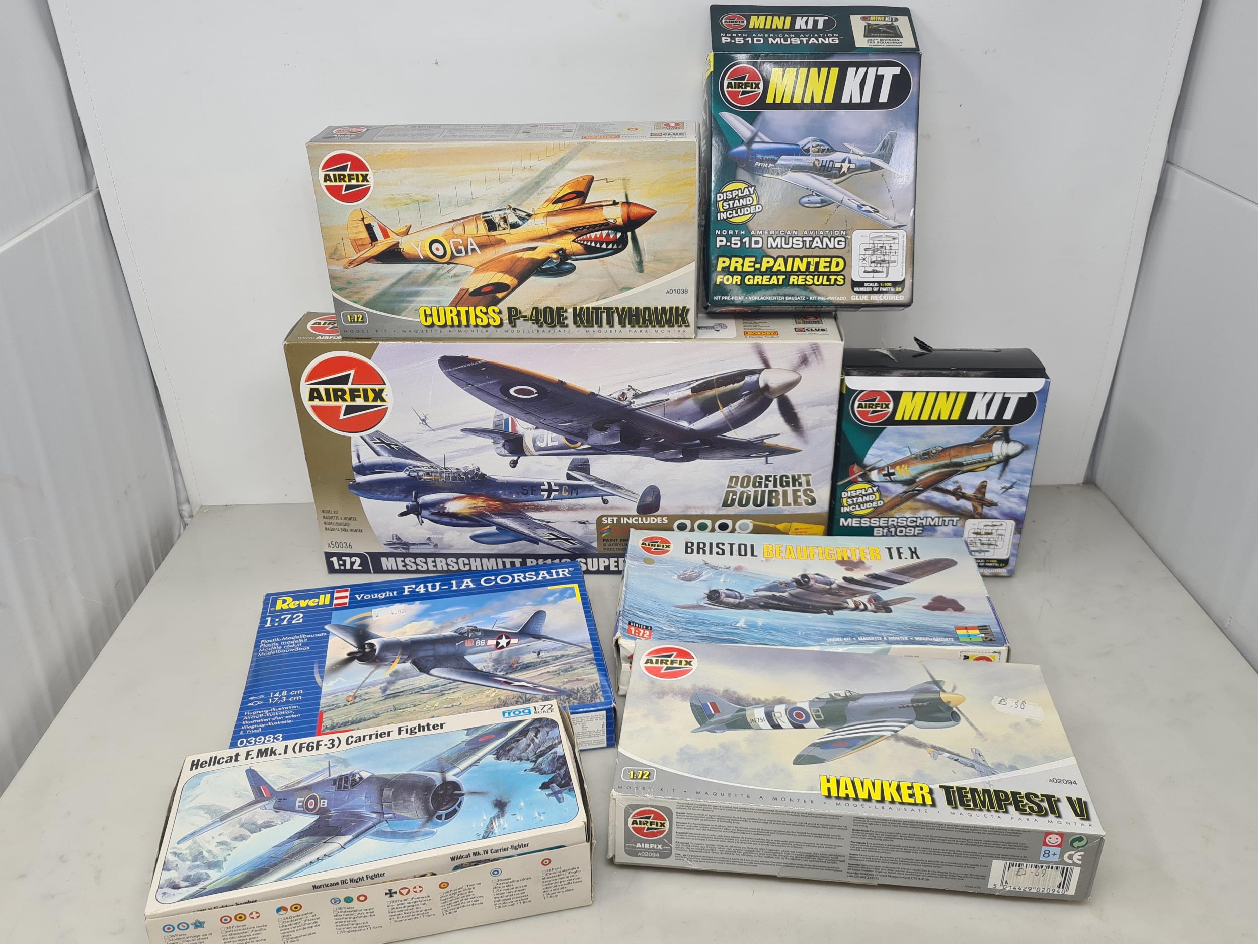 Eight boxed Airfix, Revell and Frog plastic Aircraft Kits including Dogfight Doubles Messerschmitt