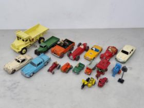 A box of unboxed and play worn Dinky Toys, Corgi Toys and Lesney including red No.108 M.G. Midget,