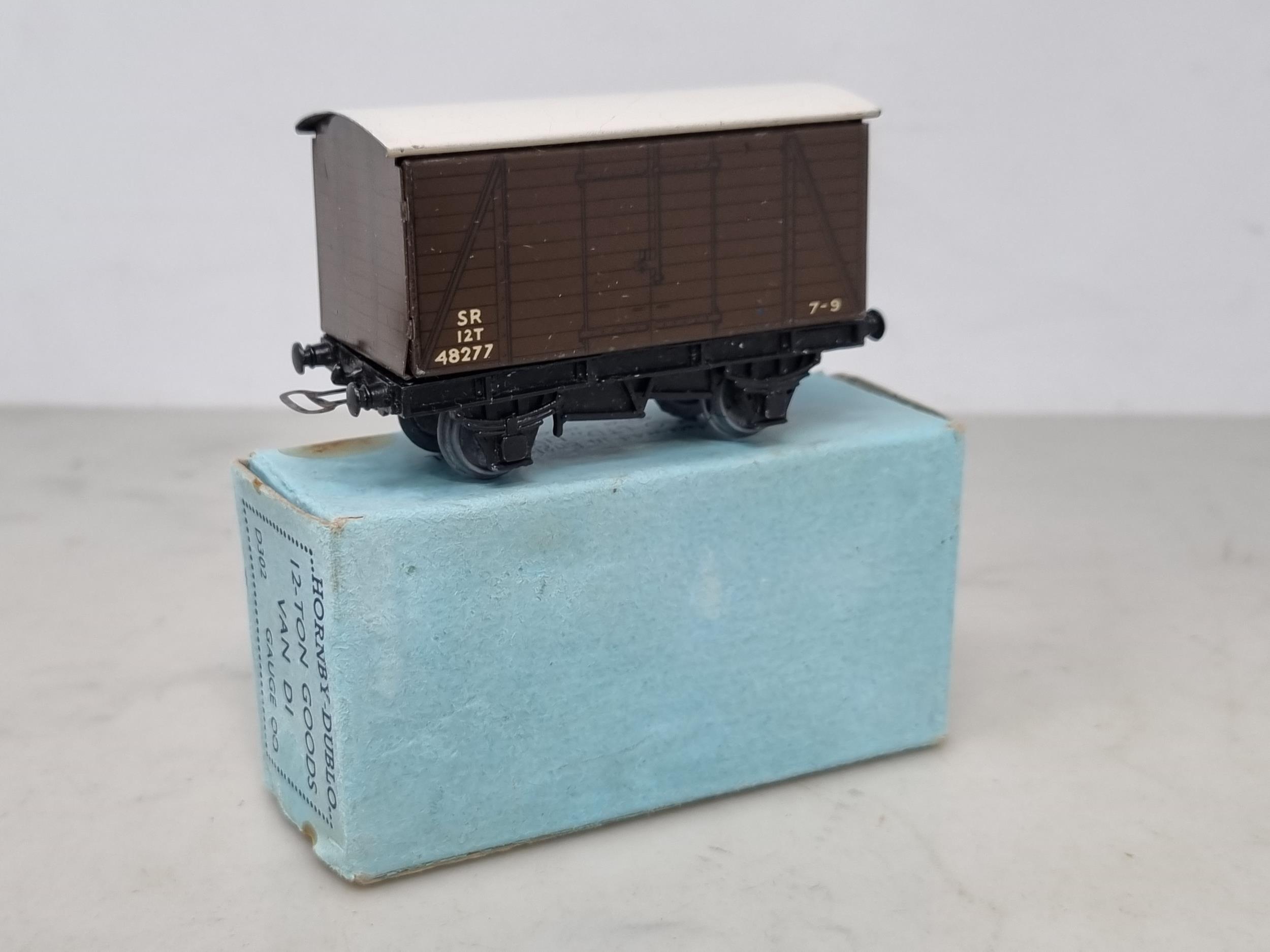 A boxed Hornby Dublo pre-war S.R. D1 Goods Van in near mint condition showing slight crazing to