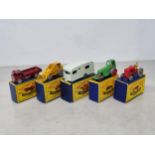Five boxed Lesney Matchbox Models including No.1 Roller, No.4 Tractor, No.20 Lorry, No.23 Caravan