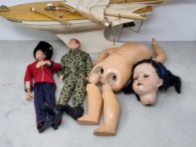 Two Action Man Figures, various Clothes and Equipment, an Armand Marseille 390 bisque headed Doll (