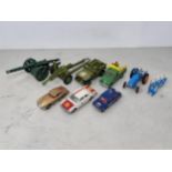 A collection of unboxed Corgi and Dinky Toys including Fordson Super Major Tractor and Plough, James