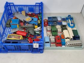 Two trays of play worn Corgi, Dinky and other diecast Models