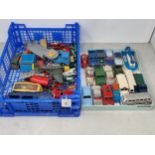 Two trays of play worn Corgi, Dinky and other diecast Models