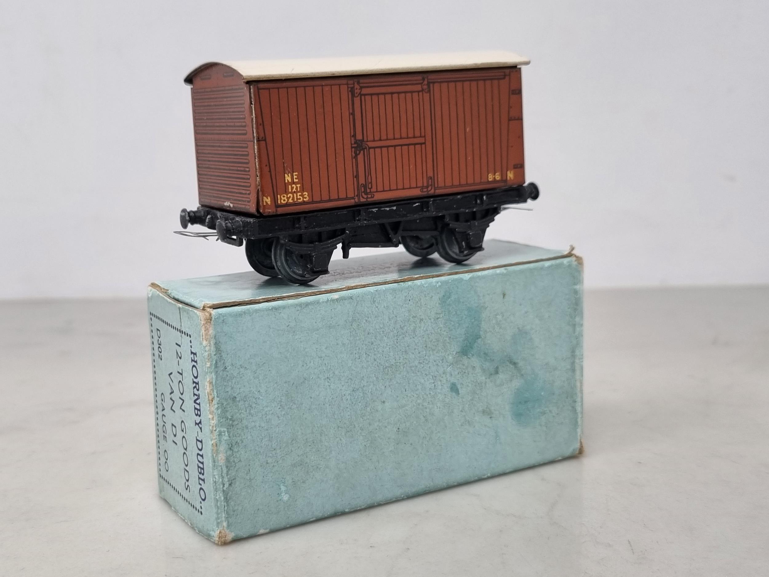 A boxed Hornby Dublo pre-war N.E. Goods Van in near mint condition. Chassis and wheels show no