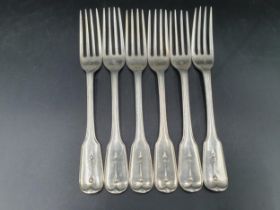 Six Victorian silver Dessert Forks fiddle pattern with tear drops, engraved crests, London 1863/93