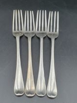 Four George III silver Dinner Forks old english pattern engraved crests, London 1806, maker: