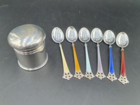 Six Norwegian silver and various coloured enamel Coffee Spoons, one chipped, and an Edward VII