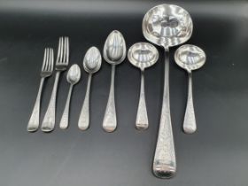 A Victorian silver Set of Cutlery for twelve, old english pattern with bright cut decoration