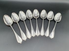 A Set of eight George II silver dog nose Table Spoons with rat tail bowls, London 1759, maker: