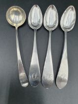 Three Georgian silver Teaspoons old english pattern with pointed stems engraved initials, marked S