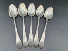 Four George III silver Dessert Spoons old english pattern engraved bull crests, London 1791,