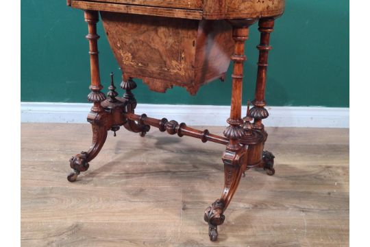 An Edwardian walnut and marquetry Games/Work Table with shaped rectangular fold-over top revealing - Image 6 of 8