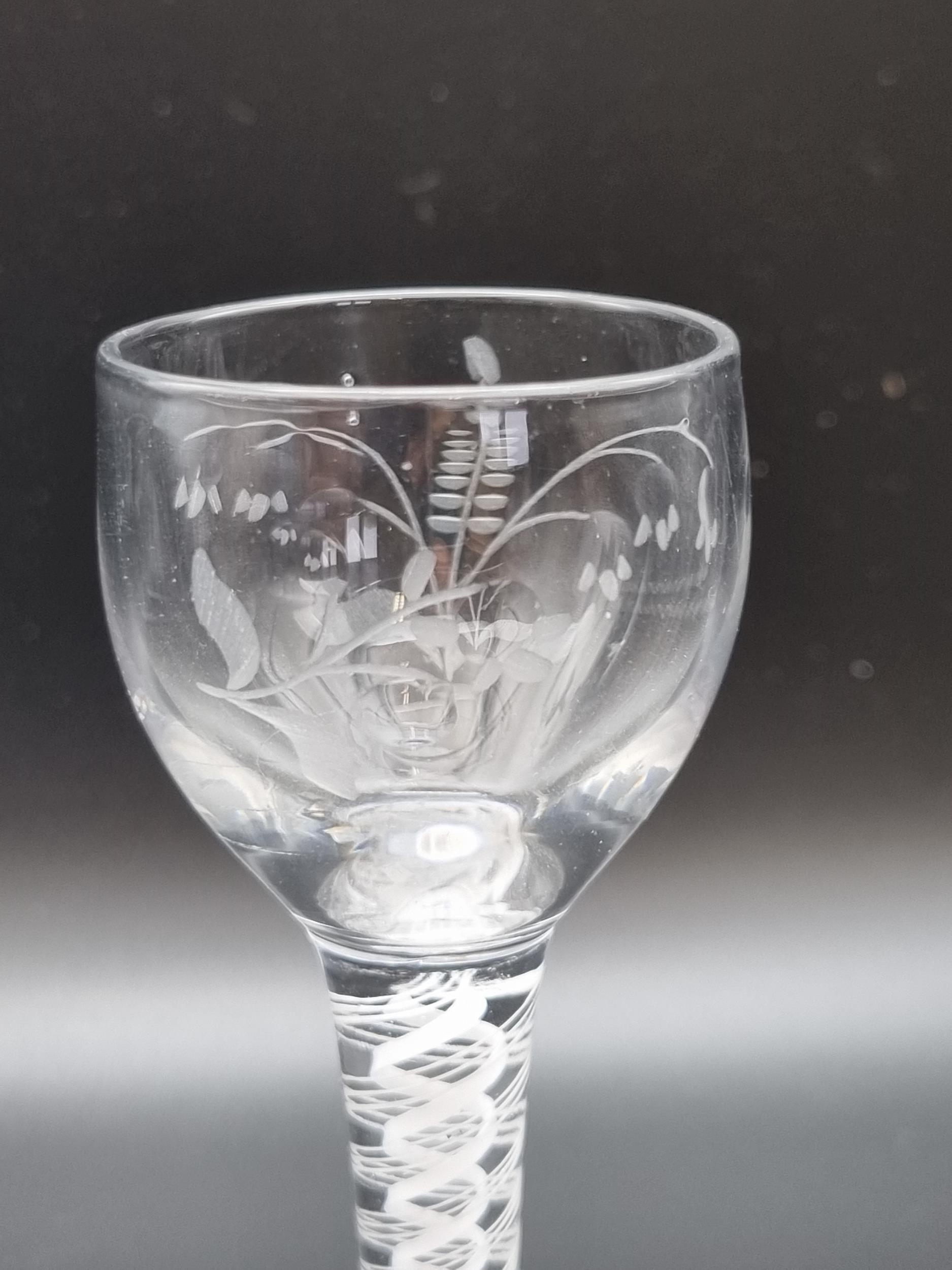 An engraved Cordial Glass, baluster bowl with engraved branch and foliage design on a double white - Image 3 of 4