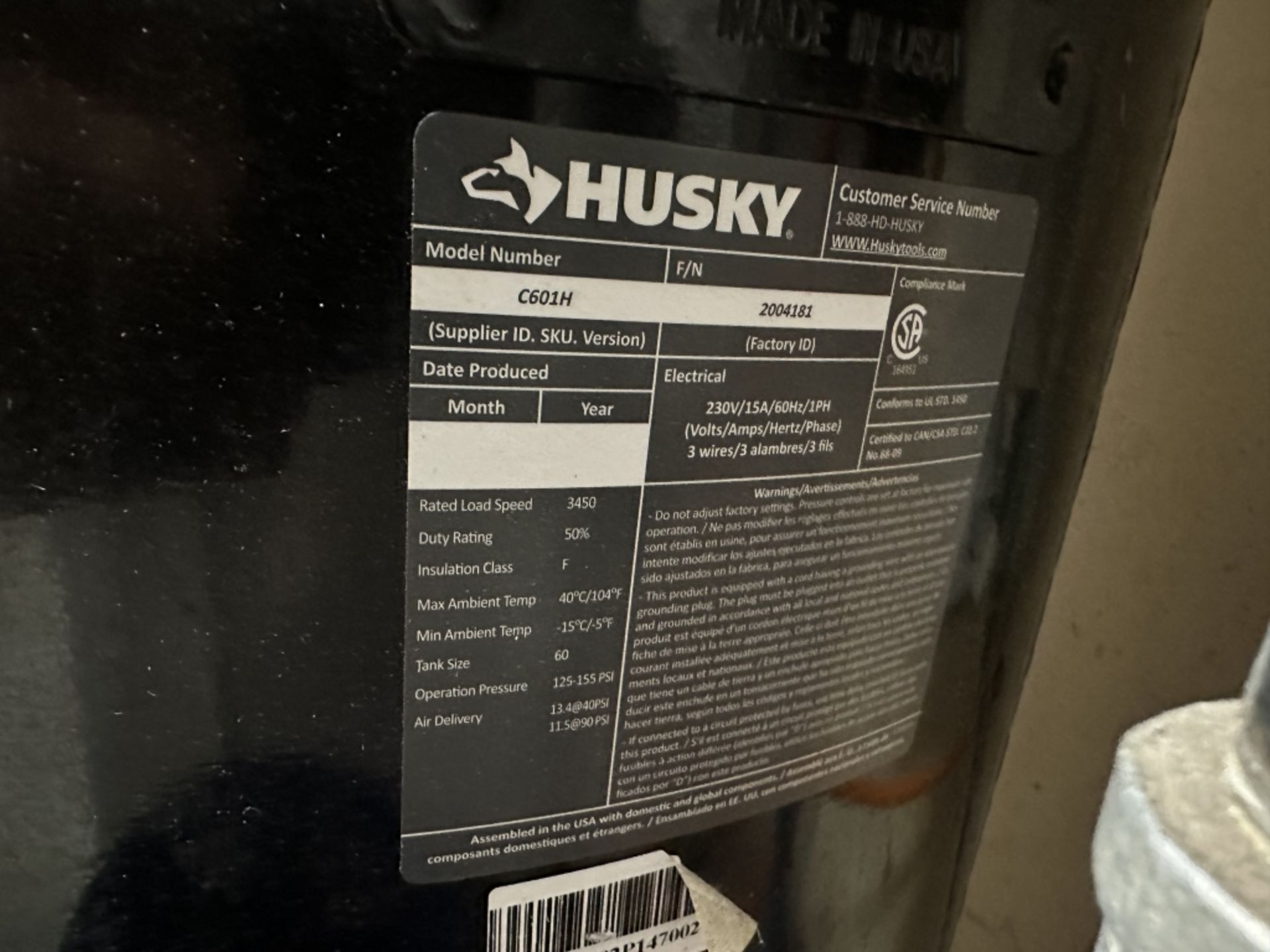 HUSKY 60 GALLON, 3.7HP AIR COMPRESSOR MODEL# C601H - Image 4 of 4