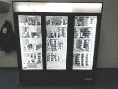 TRUE TRIPLE GLASS DOOR FREEZER ON CASTERS