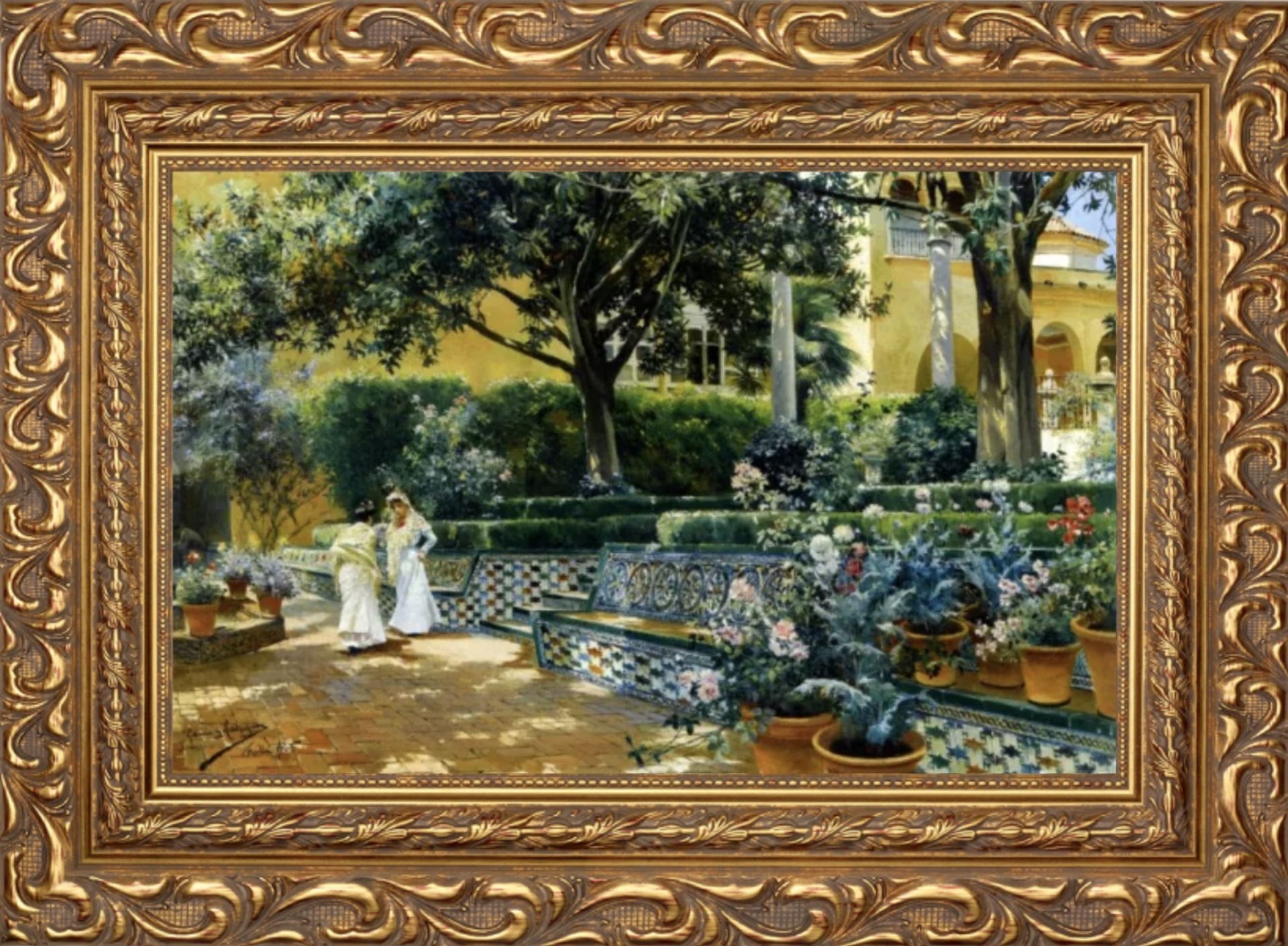Manuel Garcia y Rodriguez "Gardens of the Alcazar Seville" Oil Painting