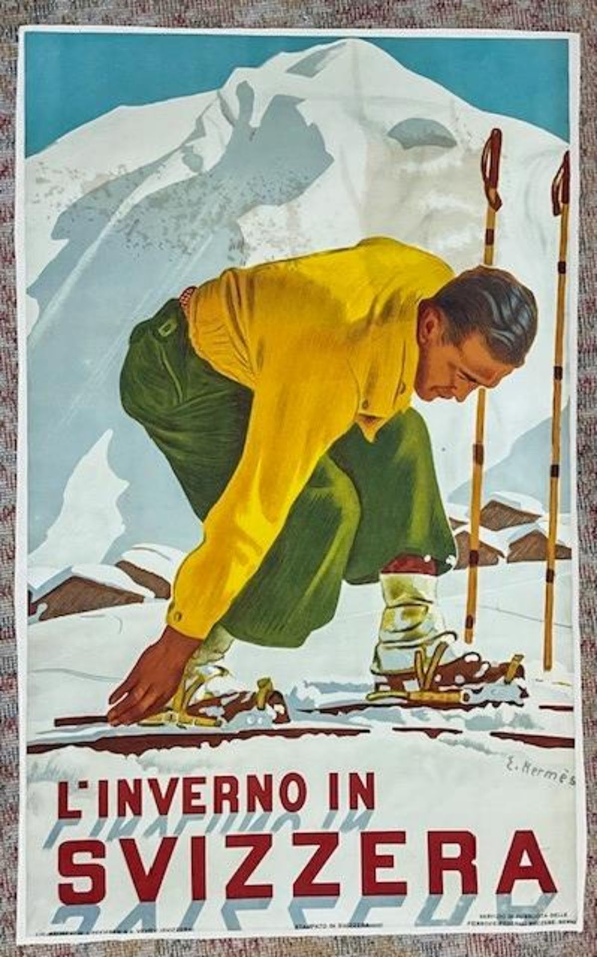 ERIC HERMES L'INVERNO Swiss Ski Poster