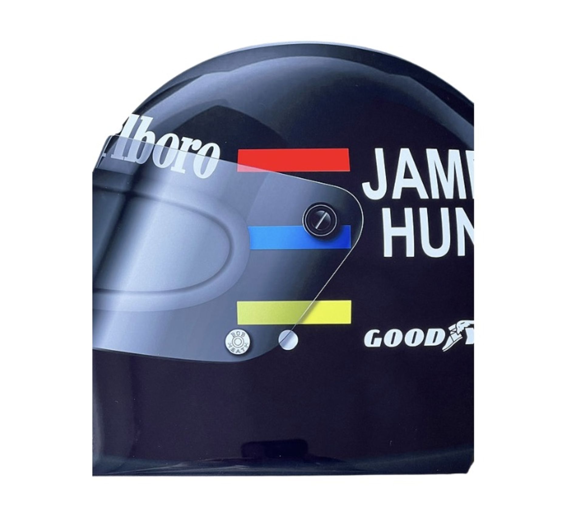 James Hunt F1 Helmet, Bell, Aluminum Wall Garage Display - Image 3 of 4