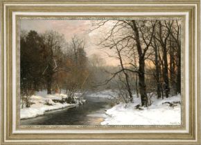 Anders Andersen Lundby "A Winter River Landscape" Oil Painting