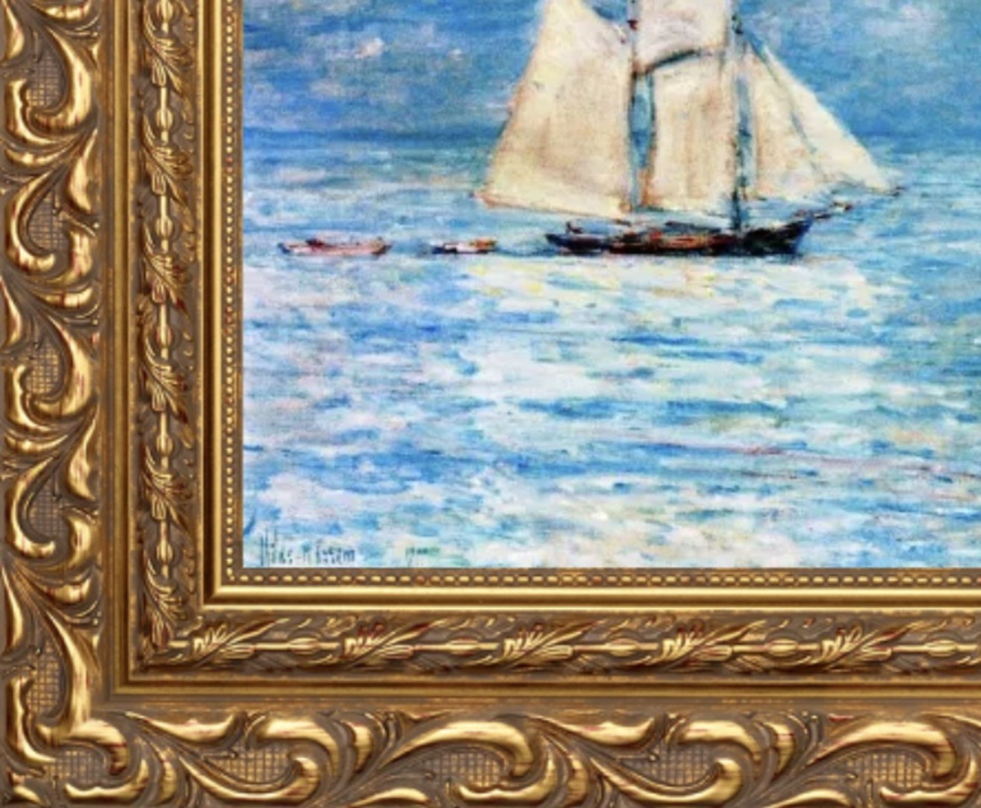Frederick Childe Hassam "Sailing on Calm Seas, Gloucester Harbor" Oil Painting - Image 5 of 5