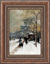 Eugene Galien Laloue "Figures in the Snow, Paris" Oil Painting