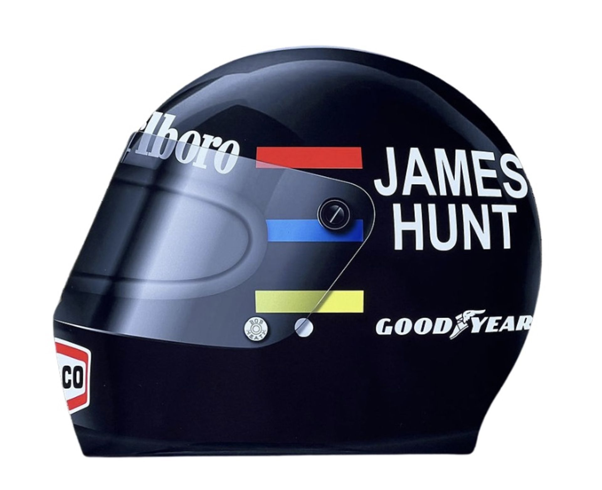 James Hunt F1 Helmet, Bell, Aluminum Wall Garage Display