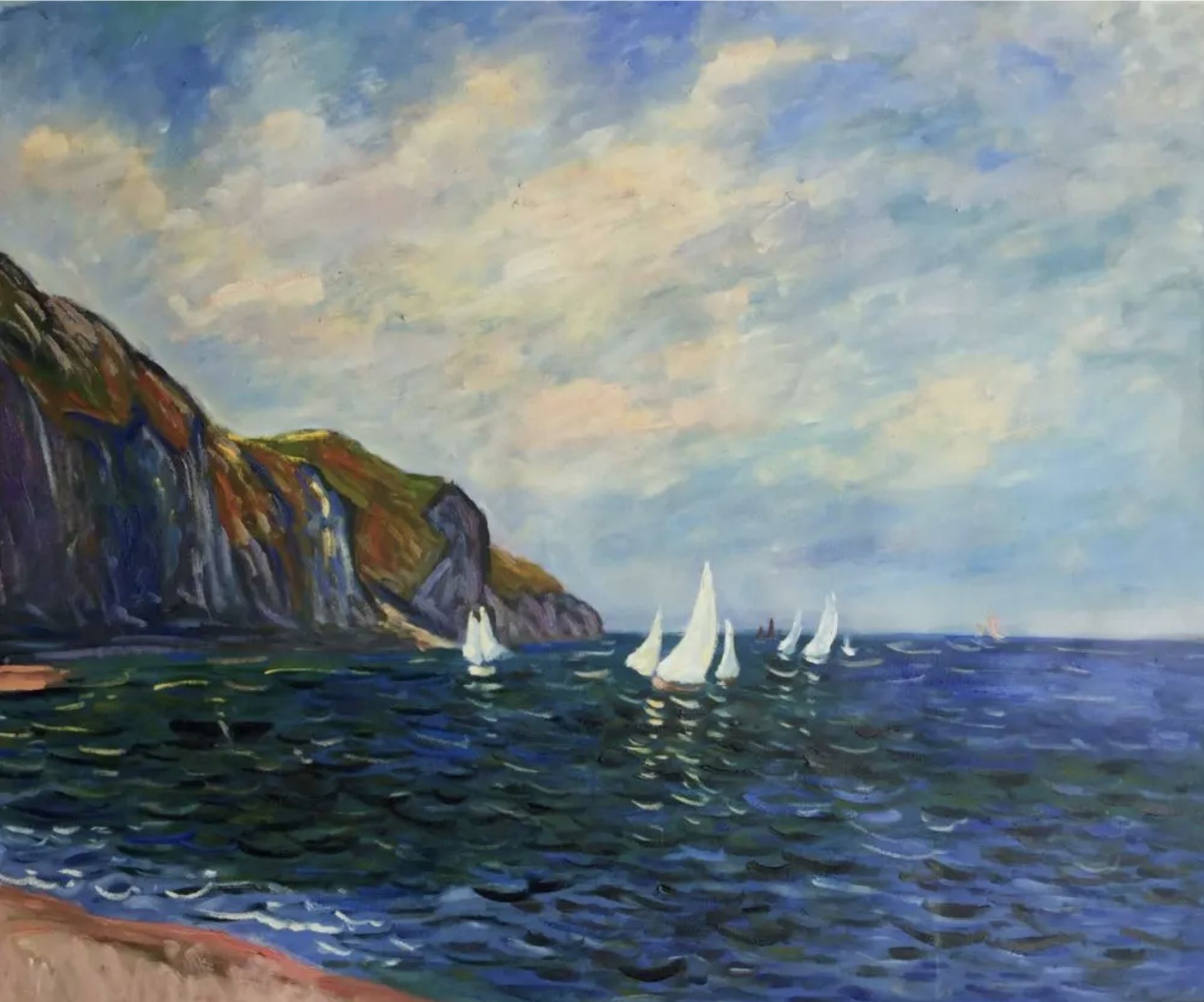 Claude Monet "Cliffs and Sailboats at Pourville, 1882" Oil Painting, After