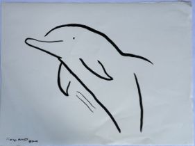 Robert Wyland Sumi Ink Dolphin Painting