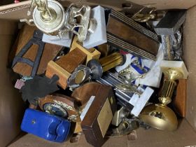 A box of assorted sporting trophies. Shipping unavailable