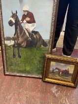 Two horse racing themed oil on boards (no shipping available)