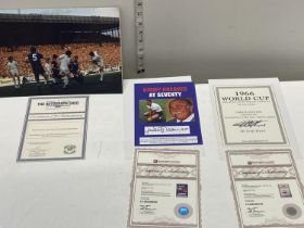 Three pieces of signed football ephemera including Jack Charlton, Alan Clarke, Jimmy Greaves and Sir