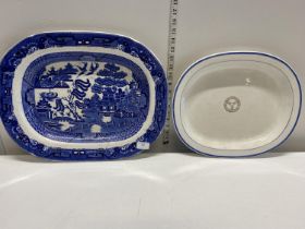 Two vintage blue and white meat plates