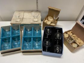 A job lot of vintage etched glassware including cocktail glasses and Brandy ballons 35 pieces in