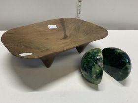 A handmade tribal style wooden bowl and two Malachite bookends a/f