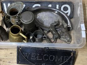 A box of assorted metal wares etc