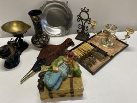 A job lot of assorted collectables including a set of Salter scales and weights